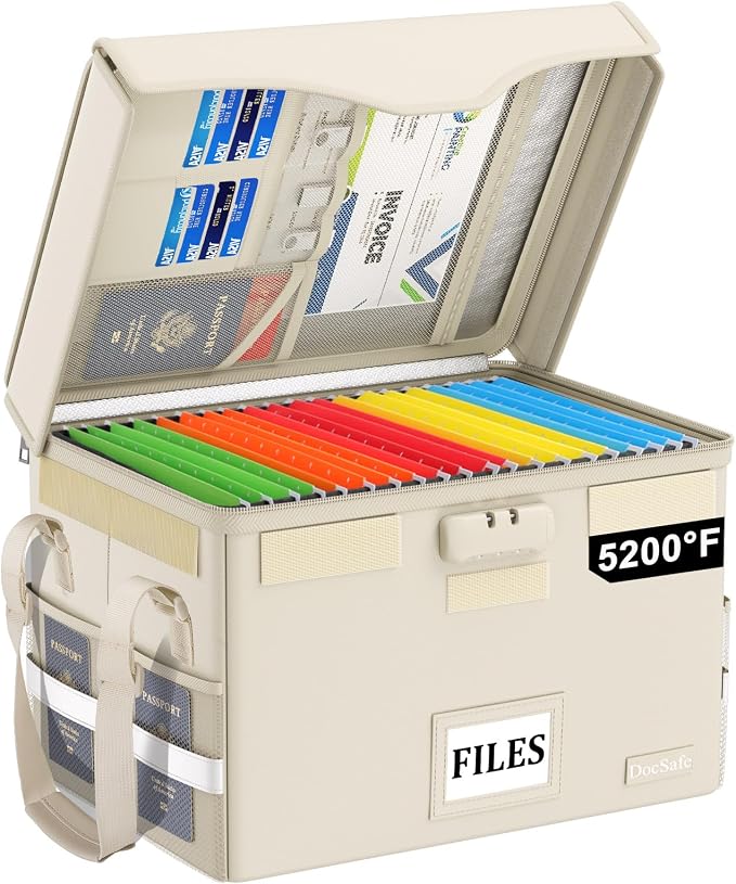 DocSafe 5200°F Fireproof Document Box with Lock,Heat Insulated File Organizer Storage with Pockets,Collapsible Portable Home Office File Safe Box with Handle for Hanging Letter/Legal Folders, Beige