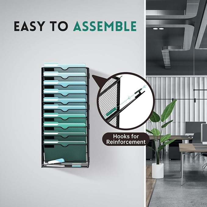 11-Tier Wall File Organizer, Wall Mounted Mail Sorter, 2 Pack | Metal Mesh Hanging File Organizer with Open Compartments and Label Panels for Papers and Folders at Home, Office or School
