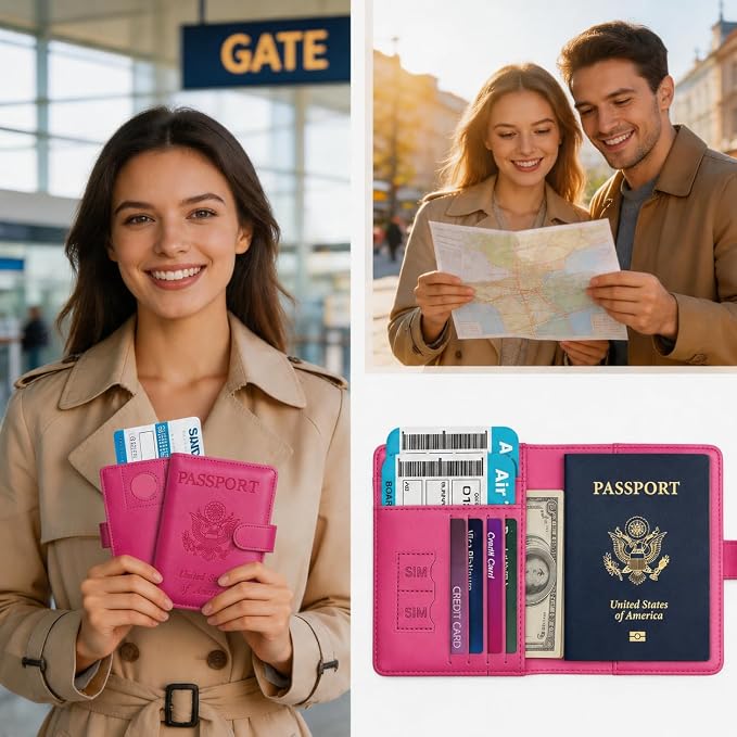 Passport Holder with Air-Tag Slot RFID Blocking Leather Travel Wallet | Multiple Card Compartments, SIM Card Access, Compact Carry Design, Flight Ready Essentials for Men & Women, Fuchsia