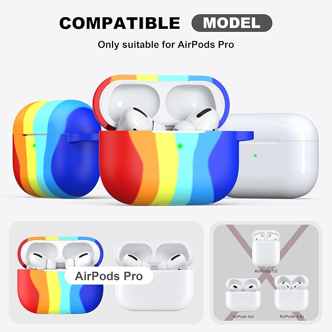 R-fun for AirPods Pro 2 Case, Soft Silicone Protective Cover with Keychain and Cleaning Pen, Compatible with AirPods Pro 2nd/1st Generation, Supports Wireless Charging, Rainbow
