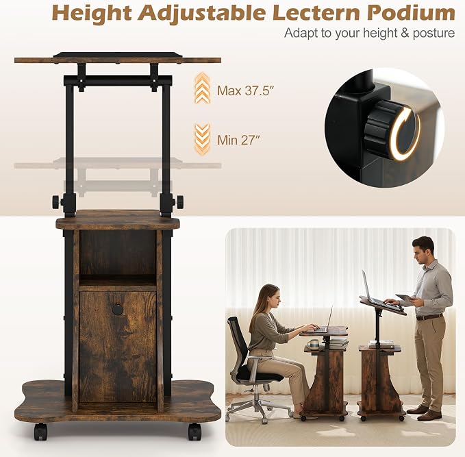 Tangkula Rolling Lectern Podium Stand, Height Adjustable Laptop Table with Tilting Tabletop & Storage Shelves, Compact Standing Desk with Lockable Casters for Home Office School (Rustic Brown)