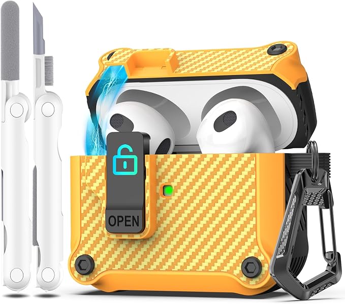 R-FUN for AirPods 3 Case Cover with Lock Magnetic Lid, Orange | Compatible with Apple AirPods 3rd Generation (2019) Case with Cleaner Kit & Carabiner, Powerful Drop Protection