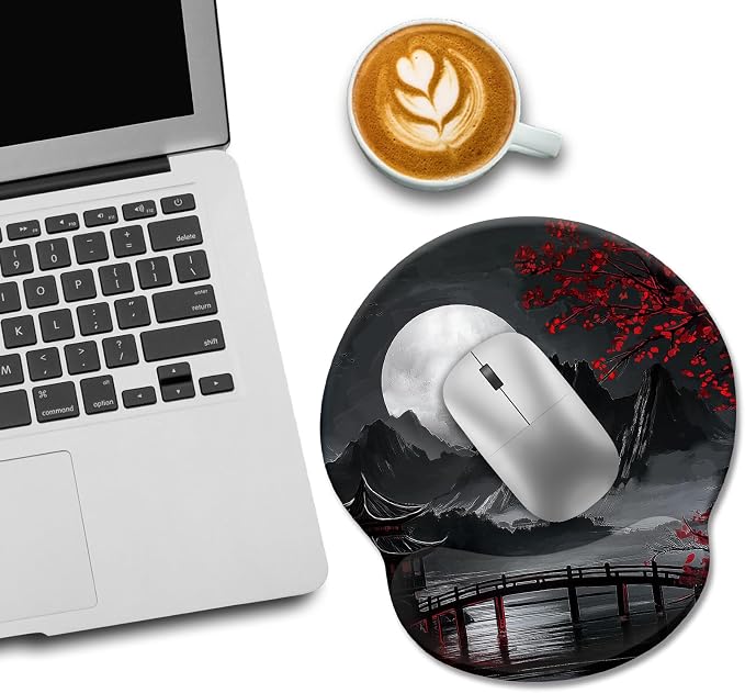 LIMKRIAN Mouse Pad with Gel Wrist Rest, 9.8 x 8.6 in, Japanese Full Moon | Ergonomic Wrist Support, Non-Slip PU Base, Pain Relief, Japanese Style Office Home Desk Accessories Decor
