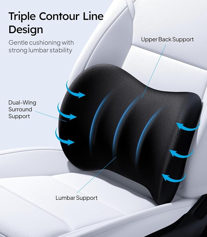 Wigoo Lumbar Support Pillow for Car-Office Chair, Black 2-Pack | Memory Foam| Ergonomic| Universal Fit