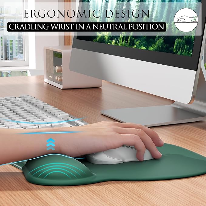 MROCO Ergonomic Mouse Pad with Gel Wrist Rest, 9.4 x 8.1 in, Forest Green | Ergonomic Shape Design, Multiple Pattern Options, Gel Wrist Comfort, Smooth Lycra Surface, Non-Slip PU Base