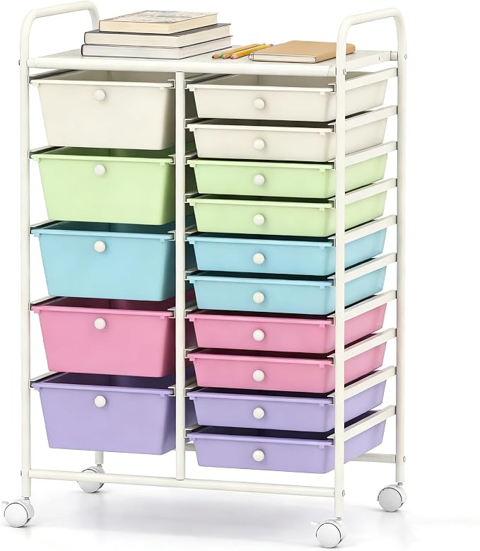 COSTWAY 15 Drawer Rolling Storage Cart, Mobile Storage Organizer | Removable Drawers & Metal Frame, Multipurpose Utility Tools Paper Organizer on Wheels for Home, Office (Ice Cream Colorful)