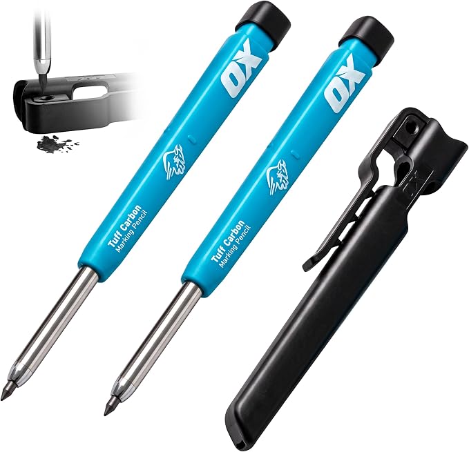 OX 2x Carpenter Pencil Set - Mechanical Construction Pencil, Sharpener | Pro Tuff Carbon marking, 2.8mm leads included, belt clip, needle-nose tip, stainless steel build