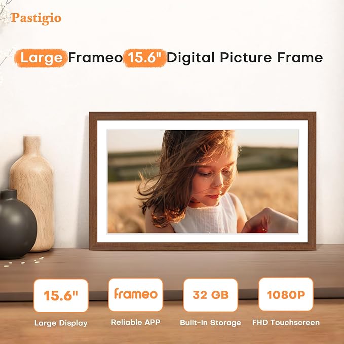 Digital Picture Frame, 15.6 Inch Frameo Digital Frame WiFi, 1920 * 1080 IPS FHD Touchscreen, 32GB, Tabletop&Wall-Mounted, Share Picture Video, Large Electric Photo Frame, Mom Gifts, Teak Woodgrain