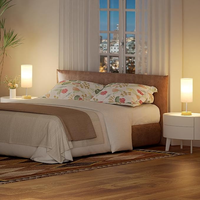 Dicoool Bedside Table Lamp Set of 2-3-Way Dimmable Touch Lamp, USB A+C | LED Bulb Included, USB C+A Charging Ports, Cream Fabric Lampshade, Metal Base, 14" Small Lamps for bedroom, Living Room
