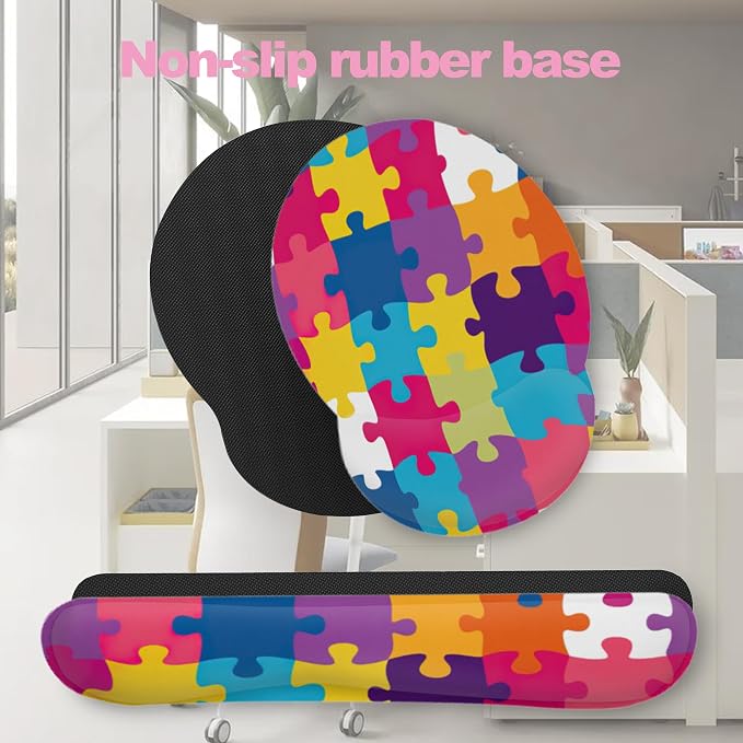 Autism Awareness Puzzle Colorful Keyboard Wrist Rest Pad and Mouse Pad Wrist Support Set,3-in-1 Ergonomic Mouse Pad with Non-Slip Rubber Base for Home Office Game Computers Desk,