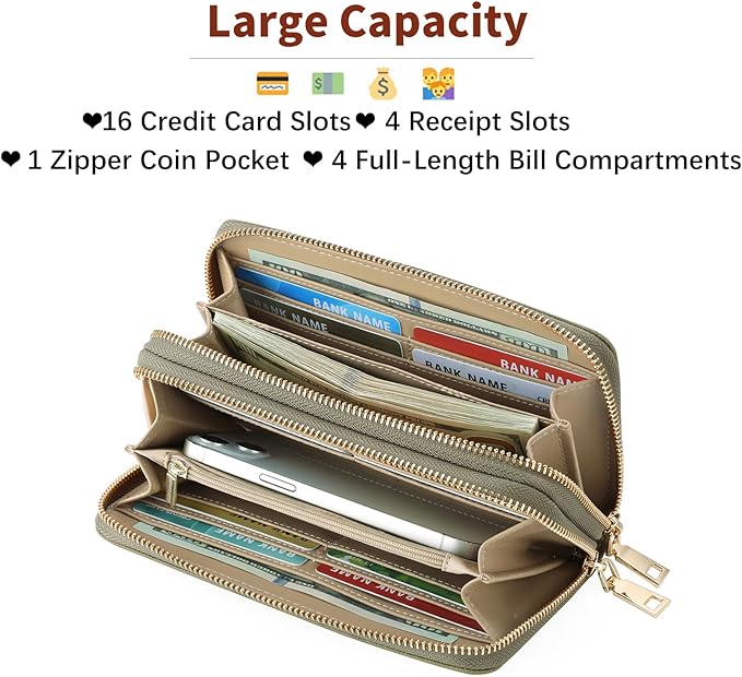 GOIACII Women's Wallet Large Capacity Double Zip Ladies Card Phone Holder RFID Blocking Wristlet Leather