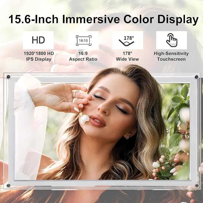 Frameo Digital Picture Frame,15.6'' WiFi Slim Acrylic Smart Cloud Electronic Photo Frame, HD IPS Touch Screen Slideshow, 32GB Storage, Share Photos/Videos via App (Size: 15.51X9.7Inch)