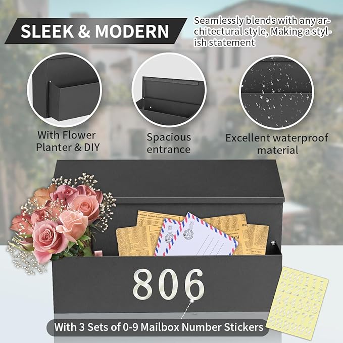 Ydocabinit Wall Mount Mailbox, Large Capacity for House, Outside, with 3 Sets of 0-9 Number Stickers & Flower Planter, Galvanized Steel Rust-Proof Metal Post Drop Box, 15.74"×9.84"×6.41" Black