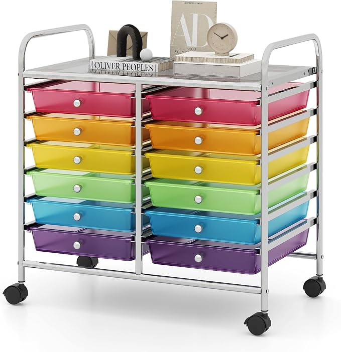 RELAX4LIFE 12-Drawer Rolling Storage Cart - Mobile Utility Cart on Wheels for School Classroom Teacher Office Salon, Paper File Art Supply Craft Organizer, Rolling Cart with Drawers (Rainbow)