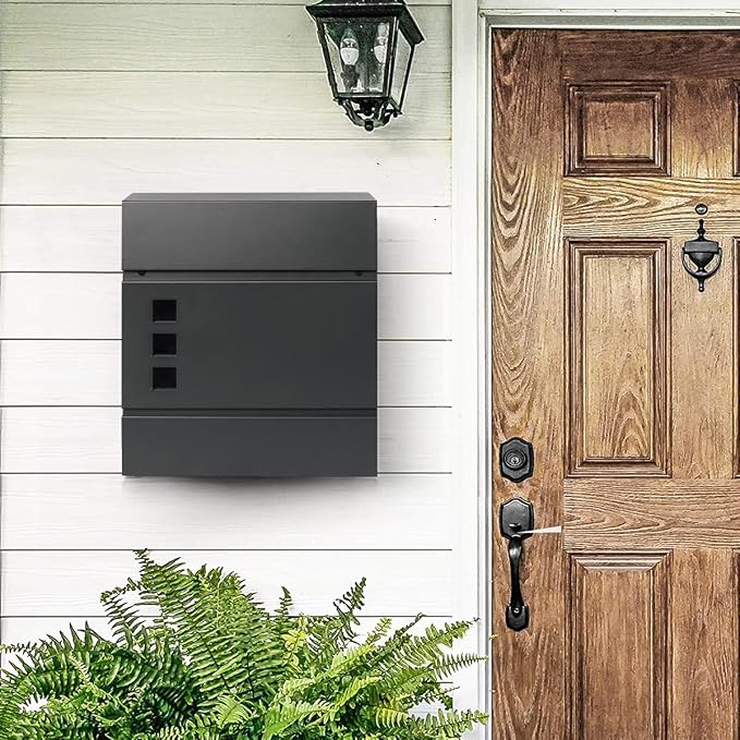 Decaller Large Capacity Mailbox with Key Lock, Wall Mount Metal Mail Box with Newspaper Compartment for Outside, 14.4" x 13" x 4.2", 939 Black