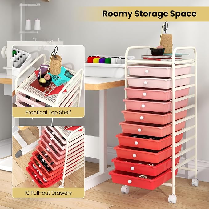 COSTWAY 10-Drawer Rolling Storage Cart, Utility Mobile Trolley | Removable Drawers & Universal Casters & 2 Brakes, Versatile Flexible Drawer Organizer Cart for Home, Office (Mixed Pink)