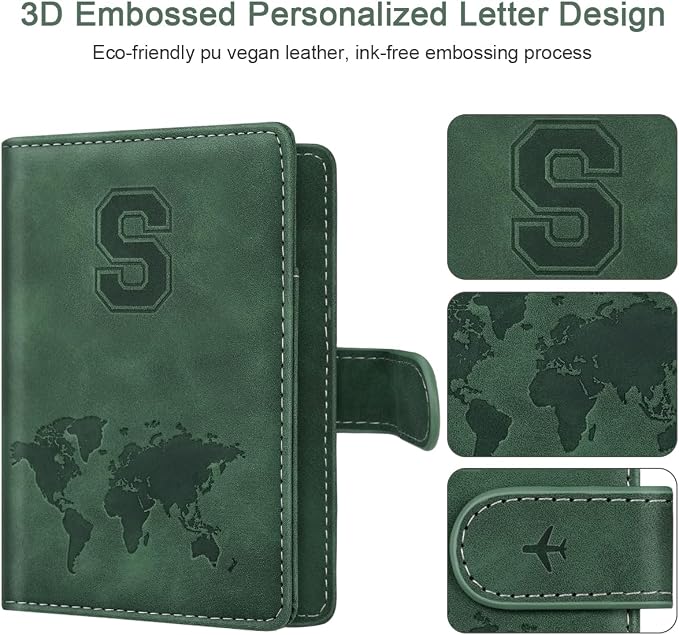 Passport Holder Wallet Cover Personalized Initial Travel Essentials | Embossed Letter A-Z Design, Travel Wallets, RFID Blocking, Passport Book Holders, Women and Men, Personalized Gifts, Green-S