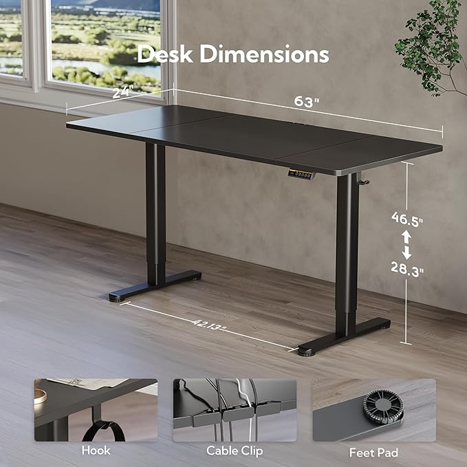 Claiks Electric Standing Desk, Adjustable Height Stand up Desk, 63x24 Inches Sit Stand Home Office Desk with Splice Board, Black Frame/Black Top