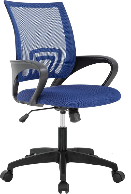 BestOffice | Ergonomic Office Chair | Mid-Back Swivel Desk Chair | Breathable Backrest & Lumbar Support | Adjustable Height | Sponge Seat | Rolling Wheels | Dark Blue | for Adults & Women