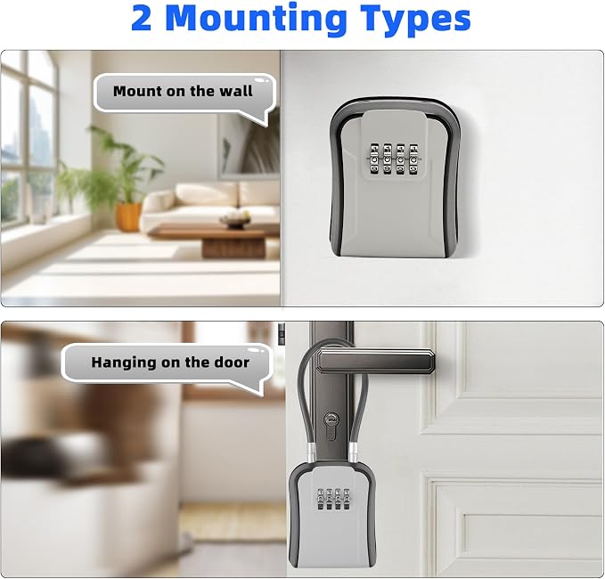 Key Lock Box,Portable Waterproof Lockbox with Removable Shackl, Wall-Mounted Key Storage Box, 4-Digit Combination Key Storage Lockbox for Home,Office,Garage, Airbnb,Apartment（1 Pack,Grey)