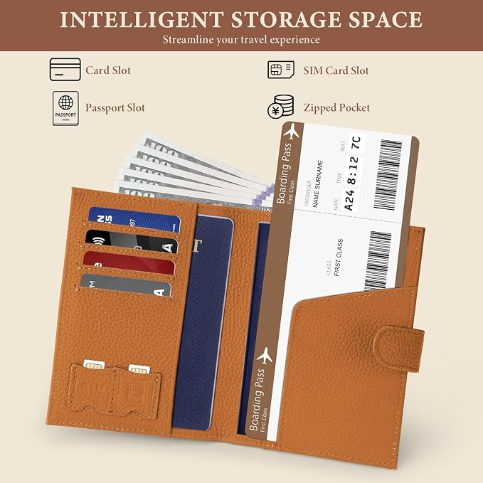 Genuine Leather Passport Holder for Women Men, Hidden Airtag Pocket, RFID Blocking, Zippered Coins Pocket & Cash Compartment Travel Gifts Essentials Passport Cover Case - Yellowish-brown