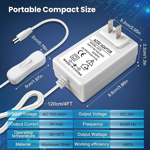 24V 3A Power Supply 72W, 24 Volt DC Power Adapter with On/Off Switch, 110V AC to 24V Transformer Plug with 5.5x2.1mm DC Female Connector for LED Strip Lights