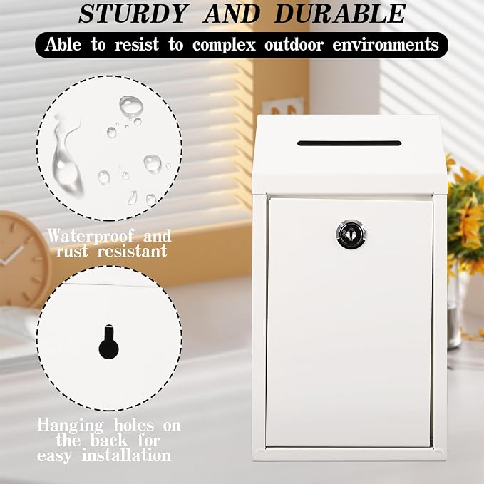 Metal Donation Box with Lock Ballot Box Drop Box with Lock Suggestion Box with Slot and Locks Metal Locks Boxs Comment Box Voting Box Key Drop Box for Home Office(White,10.24 x 5.71 x 2.95 Inch)