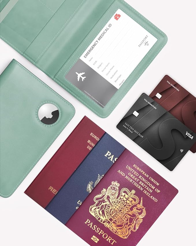 Stouchi AirTag Passport Holder – Slim RFID Travel Wallet | Ultra-slim, Waterproof PU Leather, 5 Card Slots, RFID Blocking, AirTag Slot – Perfect for US Passports, Snug for EU
