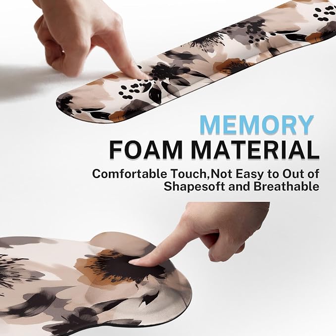 Ergonomic Mouse Pad Set with Wrist Rest, Boho Tribal | Flower Brown Non-Slip Rubber Base Wrist Cushion Support and Coasters Mousepad with Wrist Support for Computer Keyboard