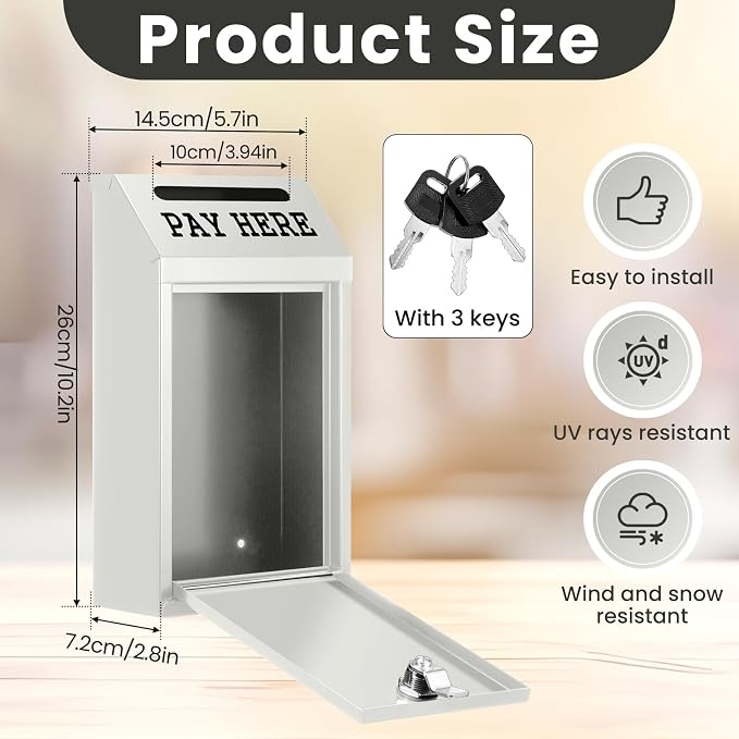 Yaocom Safe Metal Cash Box for Farm Stand – Money Drop and Secure Donation Collection, Wall Mount Lockable Unit with Pre Drilled Holes for Outdoor Self Serve(White,10.2 x 5.7 x 2.8 Inch)
