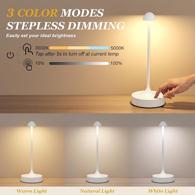 Kakanuo Rechargeable Cordless Table Lamp, Battery Operated Lamps, 3-Color Stepless Dimming, Portable Wireless Desk Lamp, LED Lighting for Dining Room, Restaurant, Office, Bar, Home(White 2 Pack)