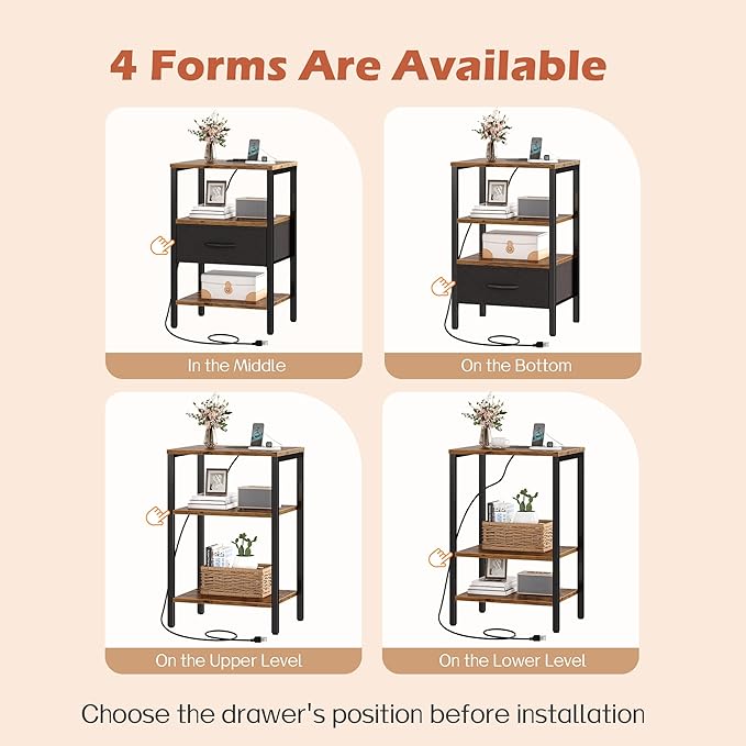 SUPERJARE Nightstand Set of 2 with Charging Station, USB-C Port, End Tables | Night Stand for Bedroom, with Adjustable Fabric Drawer, 3-Tier Storage Bedside Tables for Living Room, Rustic Brown & Black