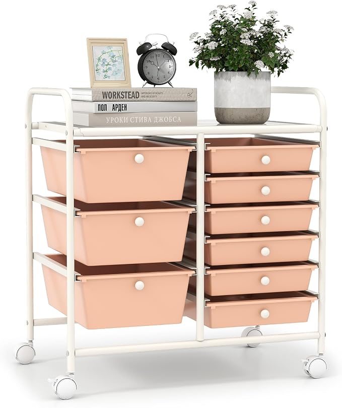 9 Drawer Rolling Storage Cart, Rolling Cart with Drawers for Classroom, Art Supply Craft Organizer on Wheel with Metal Frame & Handles for Home Office School