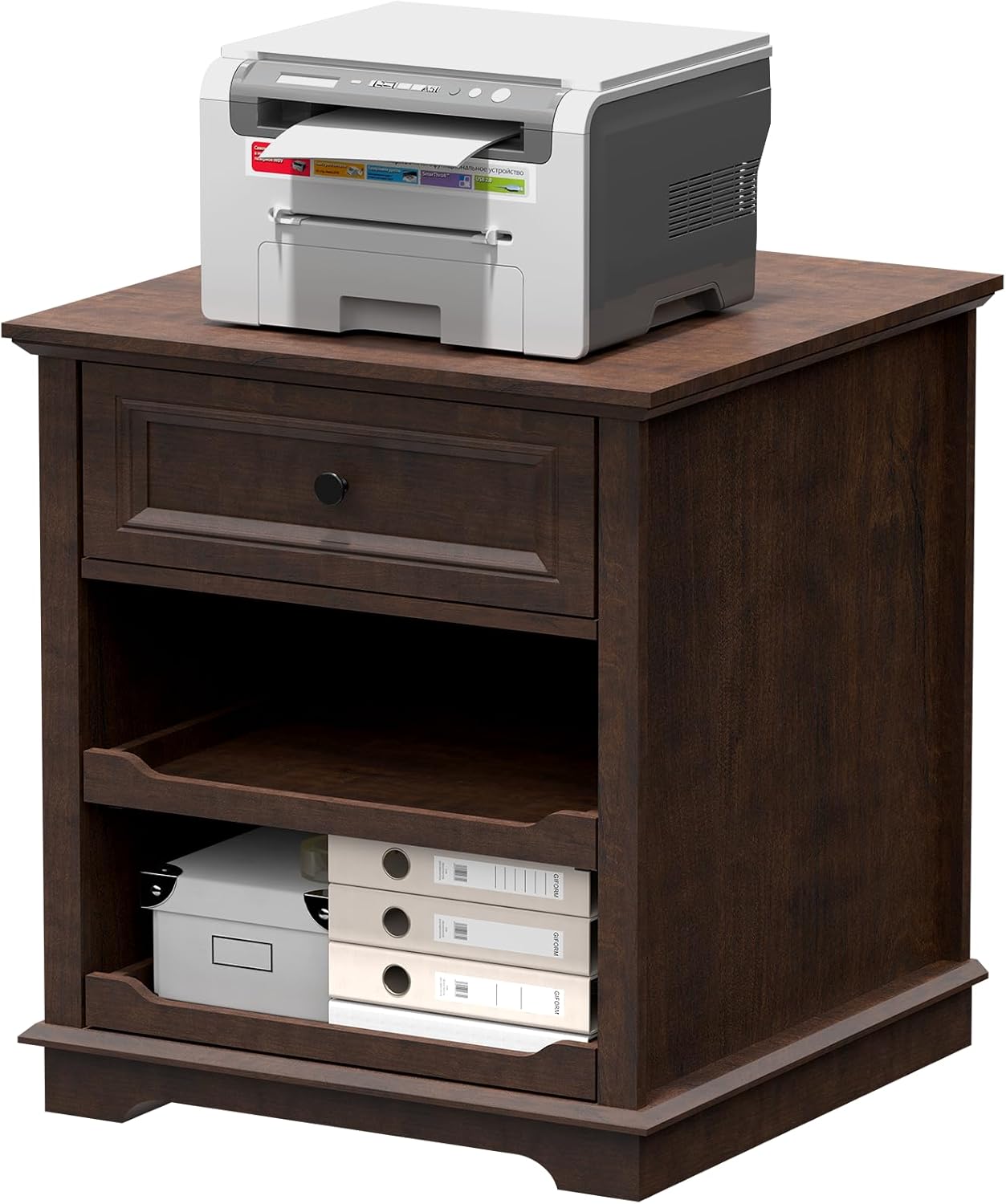Lateral File Cabinet 3 Drawer File Cabinet with Charging Station, Wood Lateral Filing Cabinet, Printer Stand with Open Adjustable Storage Shelves for Home Office, Cherry