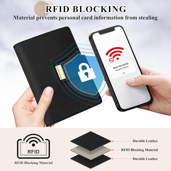 BKNOOU RFID Blocking Passport Holder with Airtag Slot- Leather Travel Passport Wallet for Women & Men, Slim Bifold Travel Passport Holder Holds Cards & Tickets & Cash (Black)