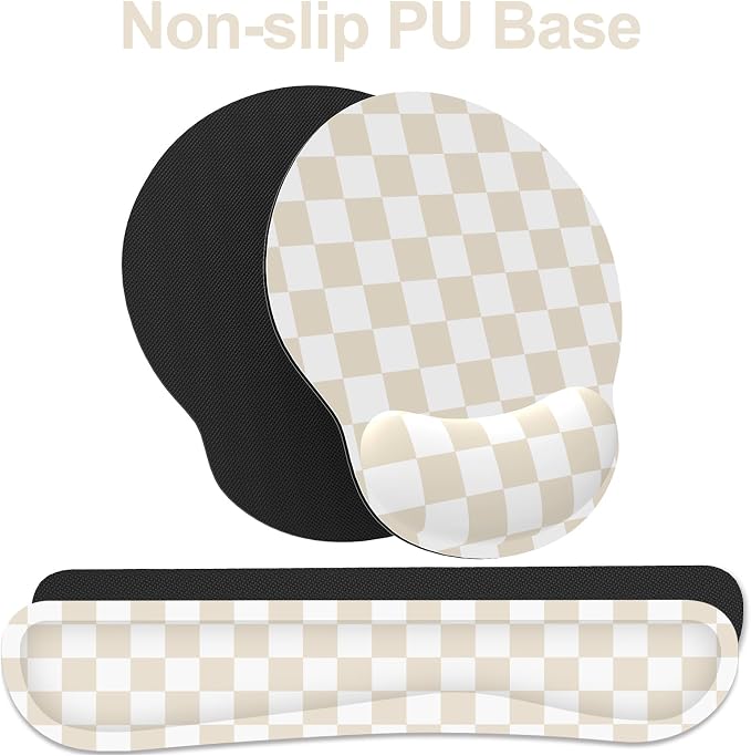 Ergonomic Mouse Pad with Wrist Rest and Keyboard Wrist Rest, Mousepad | Memory Foam Wrist Rest for Computer Keyboard, Pain Relief, Non-Slip Base, Mouse Pad Wrist Support for Gaming, Beige Checkered