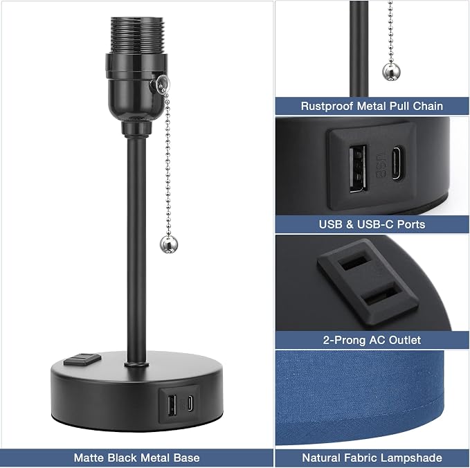 Small Bedside Table Lamp for Bedroom - Desk Lamp with USB Ports for Dorm | USB A+C Ports, AC Outlet, 3 Color Temperatures, LED Bulb Included, Navy Blue Shade, Matte Black Base, 14" Night Stand Lamp
