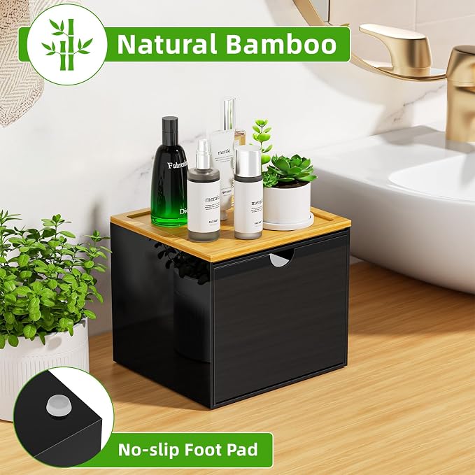 VITVITI Drawer Disposable Face Towel Holder Box, Acrylic Storage, Black | Face Towels Holder Container for XL Clean Skin Club, Facial Towel Storage with Bamboo Lid, for Bathroom, Vanity Makeup