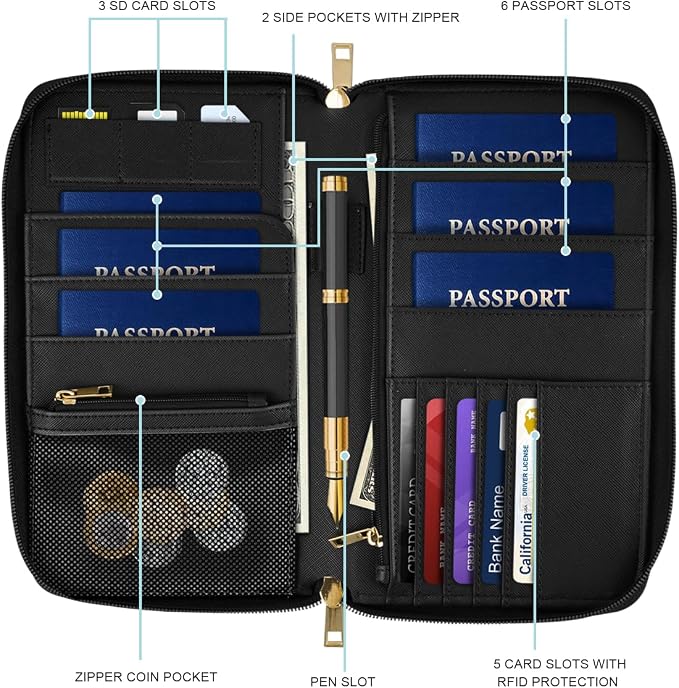 Family Passport Holder Wallet RFID Blocking Document Organizer | PU Leather Mulit-purpose Travel Wallet Credit Cards Case for Women Men, Dried Floral