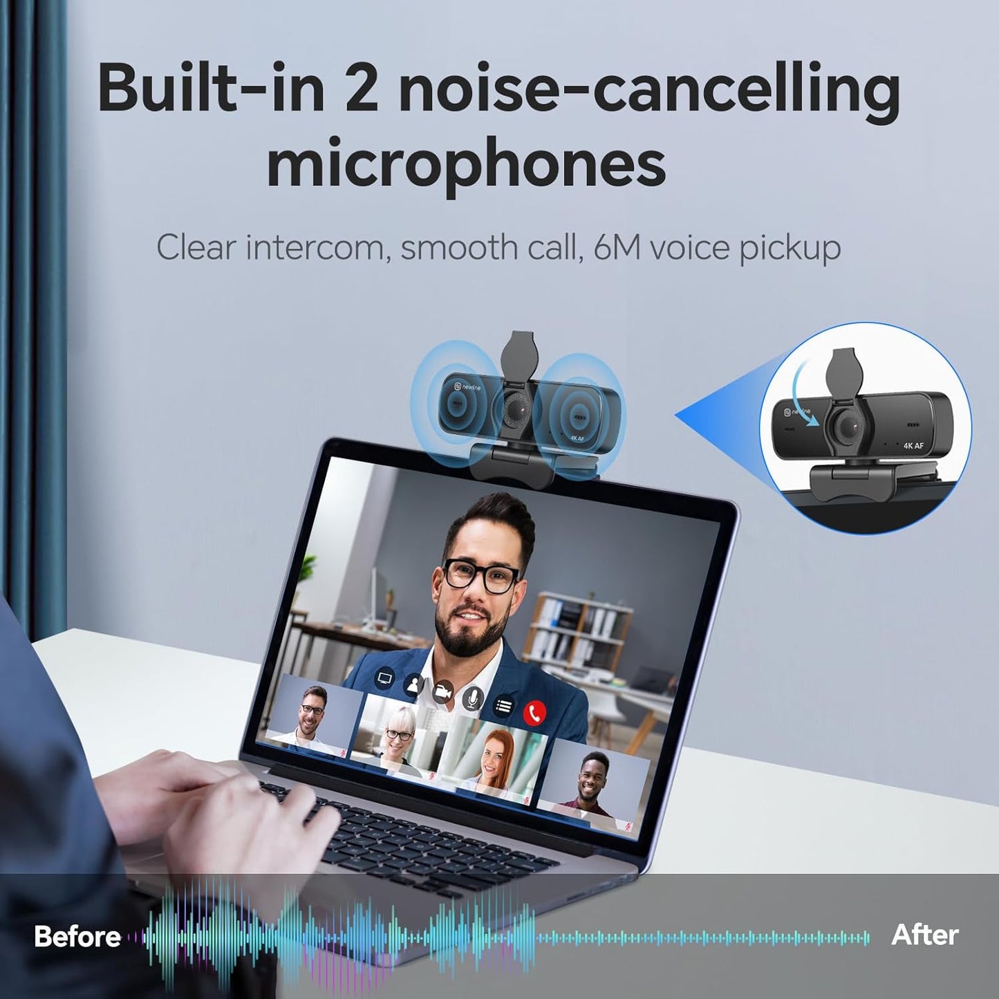 N newline 4K Webcam for PC, 4K UHD USB Webcam with Microphone, Auto Focus, Low Distortion, Privacy Cover, PC Camera w/Tripod Stand for Zoom, Skype, Teams, Laptop, Conferencing, Calling, NewEye 60