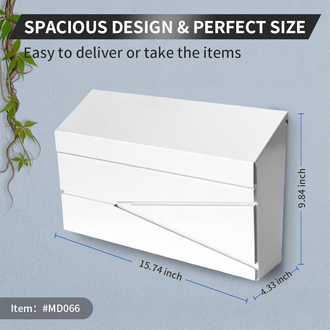 Ydocabinit Wall Mount Mailbox, Large Capacity Mailbox for House, Galvanized Steel Rust-Proof Metal Post Box Drop， Mailboxes for Outside, 15.74"×9.84"×4.33", White Modern Sleek Style