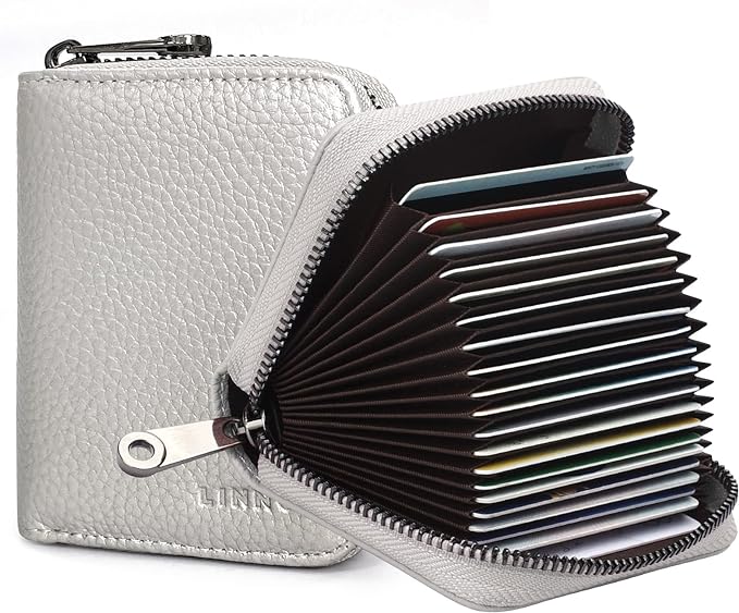 Linno RFID 20 Slots Credit Card Holder Genuine Leather Small Wallet for Women or Men with Zipper