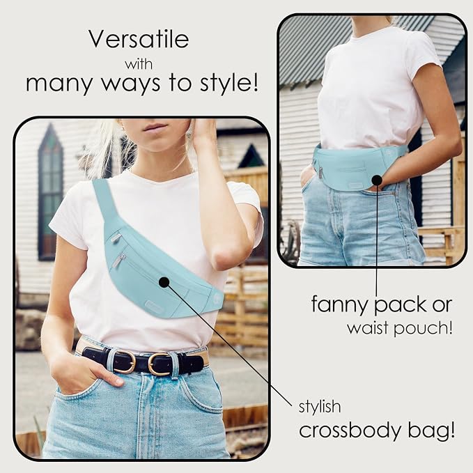 Large Dusty Blue Fanny Pack for Women Crossbody Bag Travel Essential | Nylon,Key Chain, Adjustable Strap,Headhole，Ideal for Shopping Yoga Running Cycling Traveling