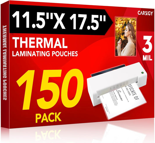 CAREGY 150 Pack Laminating Sheets, Hold 11 x 17 Inch Sheet, 3 Mil Clear Thermal Laminating Pouches 11.5 x 17.5 Inch Lamination Sheet Paper for Laminator, Round Corner