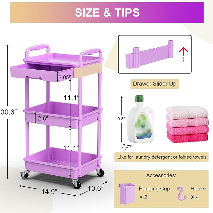Goovilla 3 Tier Rolling Utility Cart Organizer with Removable Drawer,Purple | Stable and Sturdy Rolling Storage Carts with 2 Lockable Wheels for Bathroom, Kitchen, Snack, Craft, Makeup, Baby Essentials