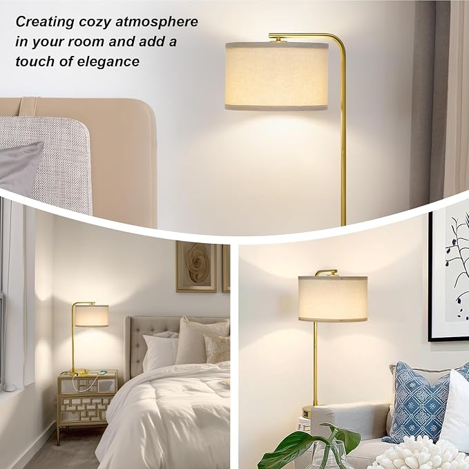 Mordern Gold Table Lamp, Fully Dimmable Bedside Lamp with C+A USB Ports | 25" Tall Nightstand Lamp, Desk Lamp with Beige Drum Shade, Side Table Lamp for Living Room Bedroom Office, LED Bulb Included
