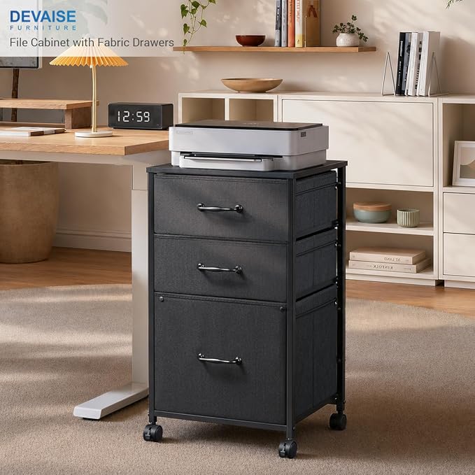 DEVAISE Mobile File Cabinet, Rolling Printer Stand with 3 Drawers, Fabric Vertical Filing Cabinet fits A4 or Letter Size for Home Office, Black