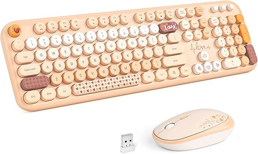 MOFII Wireless Keyboard and Mouse Combo, Full Size 2.4G Plug and Play Typewriter Retro Round Computer Keyboard and Mouse Set for Windows, Computer, Desktop, PC, Notebook - (Milk Tea Colorful)