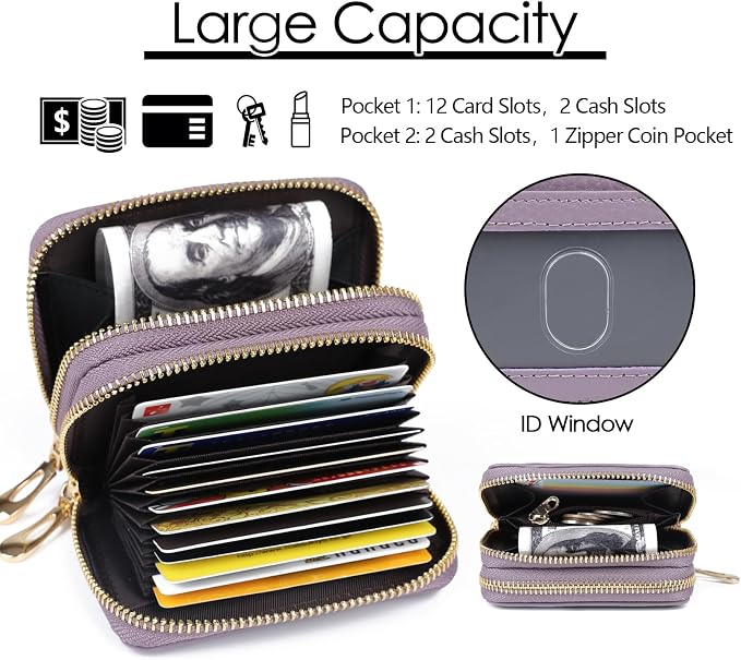 imeetu RFID Credit Card Holder, Small Card Wallet Women, Leather Card Case | Genuine Leather Women's Card & id Cases, Change Coin Purse with Zipper Keychain id Window, 20 Colors & 3 Styles, Daily, Gifts