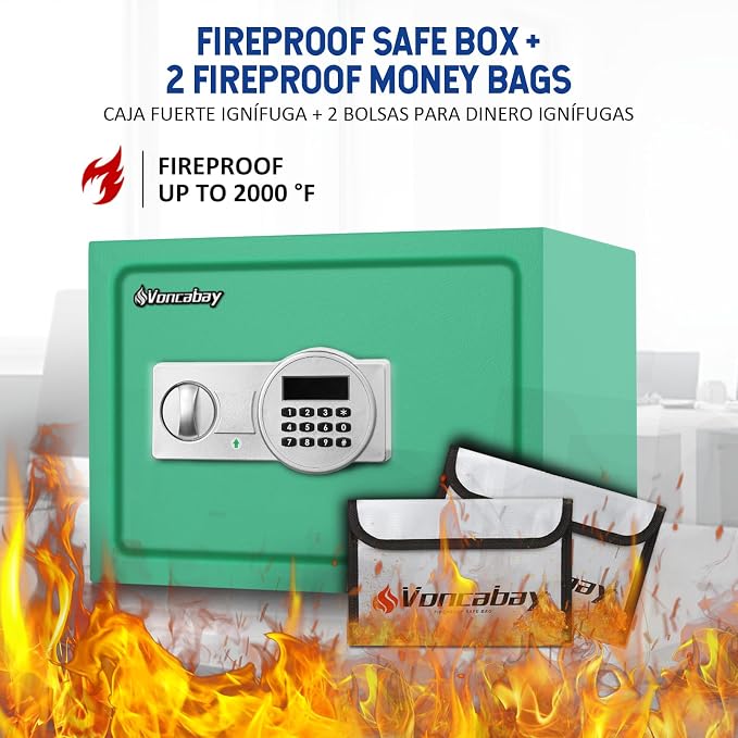Voncabay Money Safe Box for Home with Digital Keypad, 0.8 Cu. Ft., Green | Alloy Steel, 2 Fireproof Bags, Digital Keypad with Display, Removable Shelf, Fits A4, 13.8 x 9.85 x 9.85 In.